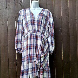 Free Assembly Plaid Ruffle Dress M V-Neck Mini